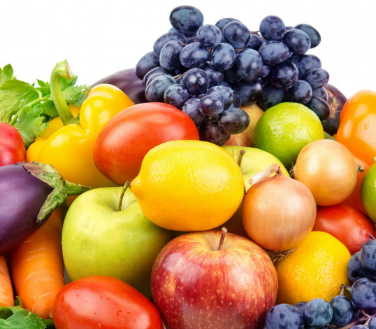 Обои картинки фото еда, фрукты и овощи вместе, фрукты, помидоры, лук, паприка, виноград, яблоки, овощи, лимоны