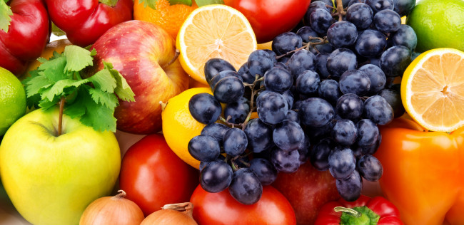Обои картинки фото еда, фрукты и овощи вместе, паприка, помидоры, лимоны, фрукты, яблоки, виноград, овощи