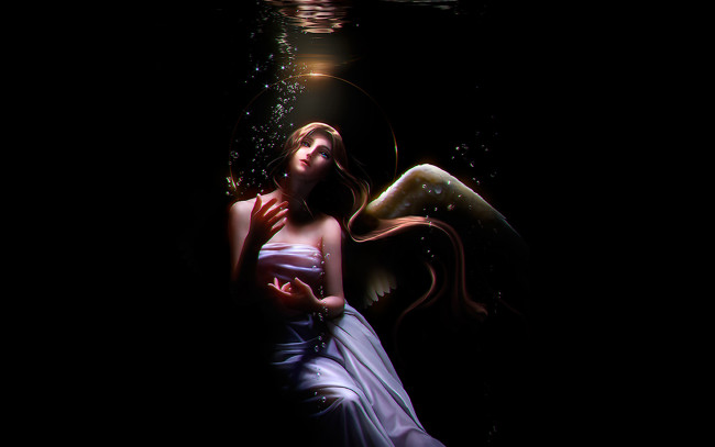 Обои картинки фото фэнтези, ангелы, пузыри, тьма, вода, крыло, ангел