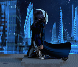 Картинка 3д+графика фантазия+ fantasy луна взгляд девушка город оружие фон