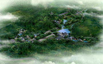 Картинка 3д+графика архитектура+ architecture озеро река поселок дома туман панорама лес дороги поля деревья