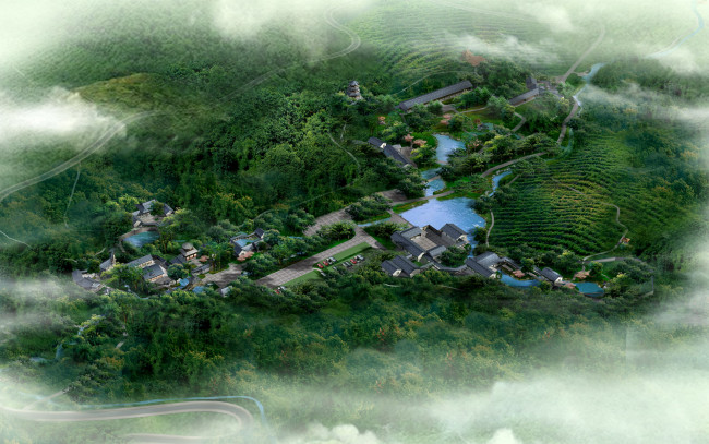 Обои картинки фото 3д графика, архитектура , architecture, озеро, река, поселок, дома, туман, панорама, лес, дороги, поля, деревья