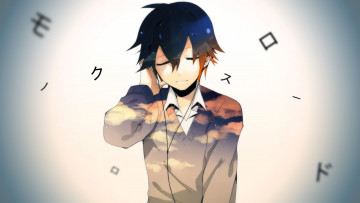 Картинка аниме school+days art anime слушает парень наушники рубашка music музыка boy свитер облака school days