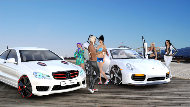 Обои картинки фото 3д графика, люди-авто, мото , people- car ,  moto, девушки, взгляд, фон