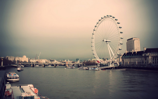 Обои картинки фото города, лондон , великобритания, река, колесо, обозрения, мост
