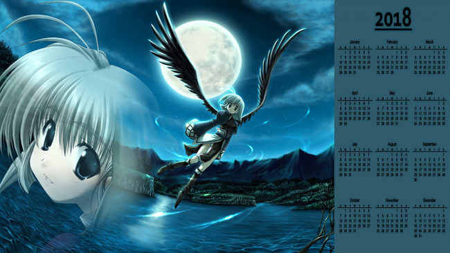 Обои картинки фото календари, аниме, девушка, взгляд, лицо, крылья, луна