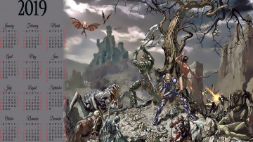 обоя календари, фэнтези, дерево, воин, человек, существо, монстр, битва