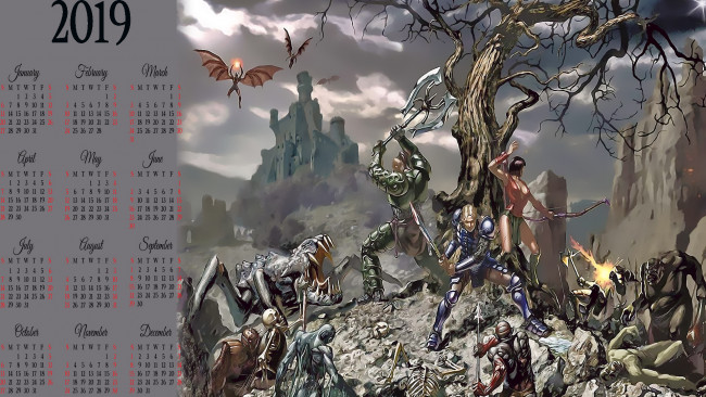 Обои картинки фото календари, фэнтези, дерево, воин, человек, существо, монстр, битва