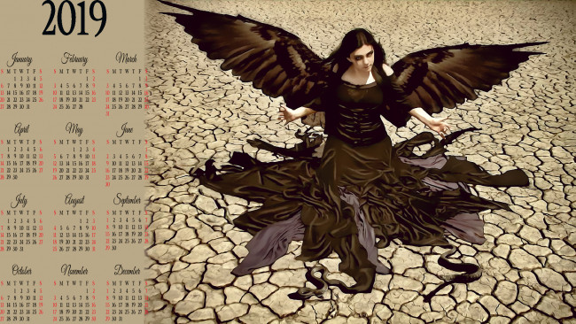 Обои картинки фото календари, фэнтези, существо, пустыня, змея, крылья, девушка