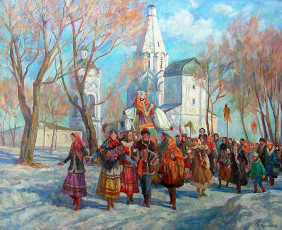 Картинка рисованное живопись масленица гуляние люди зима храм