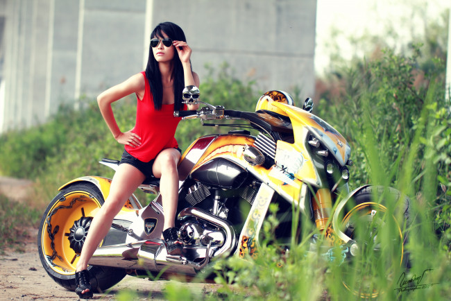 Обои картинки фото мотоциклы, мото, девушкой, harley, davison
