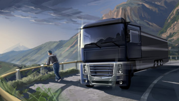 Картинка рисованные живопись разметка горы природа дорога созерцание отдых дальнобойщик euro truck грузовой фургон тягач трейлер водитель остановка автомобиль