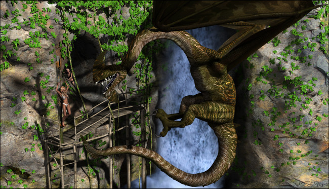 Обои картинки фото 3д графика, фантазия , fantasy, растение, дракон, водопад, взгляд, фон, скалы, пещера, девушки