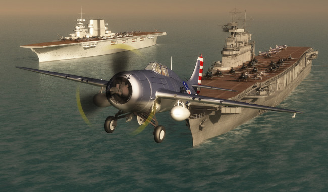 Обои картинки фото 3д графика, армия , military, авианосцы, море, полет, облака, самолет