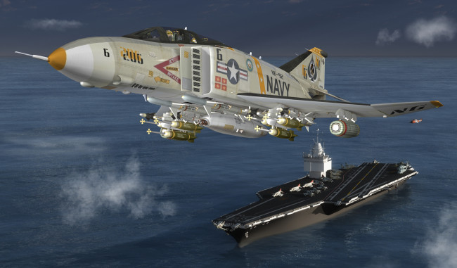 Обои картинки фото 3д графика, армия , military, авианосец, море, полет, самолет