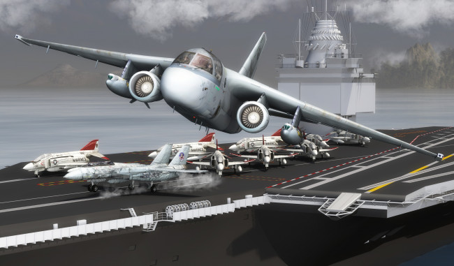 Обои картинки фото 3д графика, армия , military, полет, самолет, авианосец, море