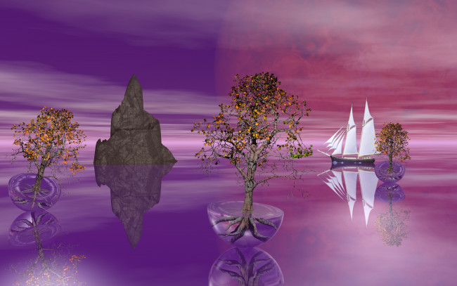 Обои картинки фото 3д графика, море , sea, планета, парусник, деревья, море