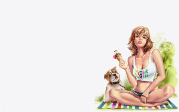 Картинка рисованное люди лето отдых собака арт девушка жара lorri kajenna мороженое