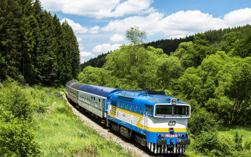 Картинка техника локомотивы локомотив железная дорога небо лес деревья вагоны