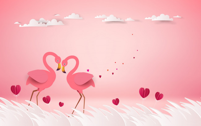 Обои картинки фото векторная графика, животные , animals, фламинго, рендеринг, любовь, пара, птицы, розовый, фон, сердечки