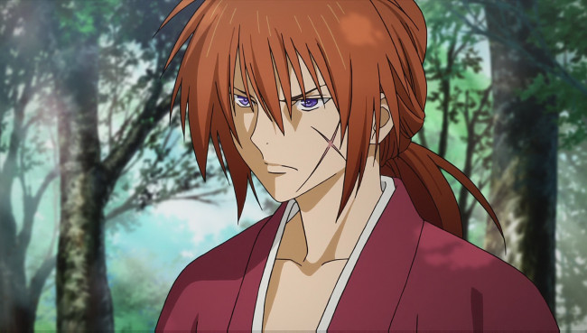 Обои картинки фото аниме, rurouni kenshin, парень, лес, кимоно, шрам