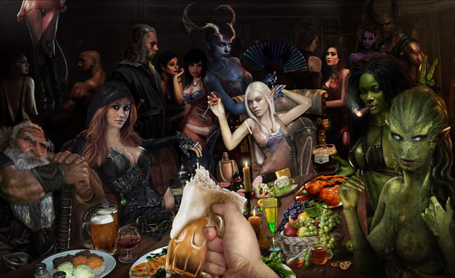 Обои картинки фото разное, cosplay , косплей, еда, стол, одежда, взгляд, фон, существа, мужчины, девушки
