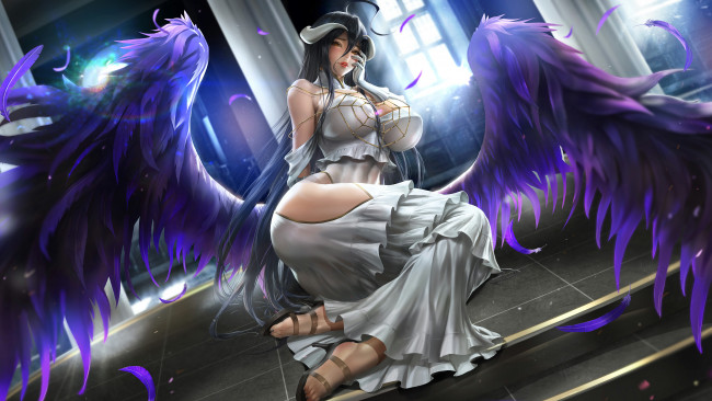 Обои картинки фото повелитель, аниме, overlord, девушка, демоница, взгляд, крылья, albedo