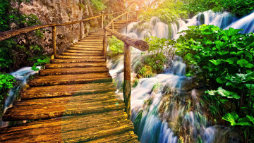 Картинка wooden bridge over waterfalls природа водопады мостик деревья водопад