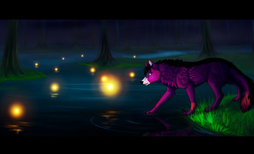 Картинка рисованные животные сказочные мифические река волк огоньки ночь