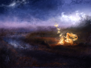 Картинка фэнтези фотоарт вечер река звездное небо пламя магия