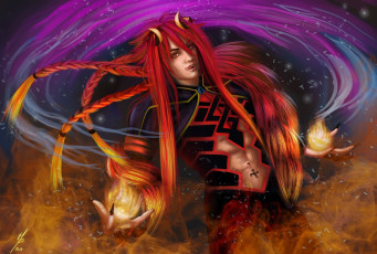 Картинка фэнтези демоны парень рога демон огонь красные волосы язык