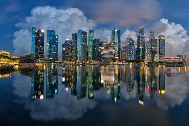 Обои картинки фото города, сингапур , сингапур, марина-бэй, отражение, вечер, огни