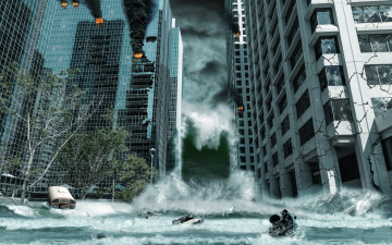 Картинка фэнтези фотоарт apocalypse fantastic flood wave armageddon storm tsunami city апокалипсис город небоскребы