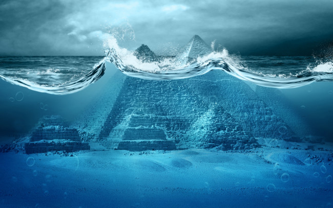 Обои картинки фото фэнтези, фотоарт, океан, катастрофа, пирамиды, apocalypse, armageddon, storm, tsunami, wave, ocean, sea, fantastic, egypt, pyramid, апокалипсис