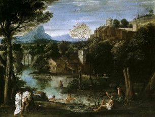 Картинка рисованное живопись агостино карраччи пейзаж с купальщиками картина озеро горы деревья люди