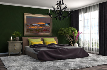 Картинка интерьер спальня стиль штора люстра кресло кровать