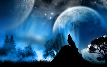 Картинка разное компьютерный+дизайн волк вой ночь планеты силуэт
