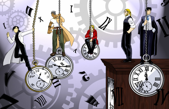Обои картинки фото аниме, fullmetal alchemist, elric, алхимик, парень, ученый, scar, mustang, шрам, greed, часы, edward