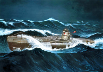 Картинка корабли рисованные u-boot type viic erich topp wwii german submarine волны шторм u-552