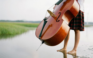 Картинка музыка -музыкальные+инструменты природа ноги растения виолончель вода девушка