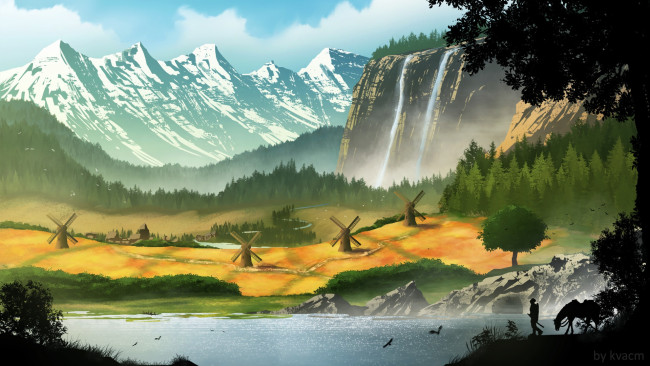 Обои картинки фото рисованное, природа, village, commission, мельницы, долина, водопад, горы