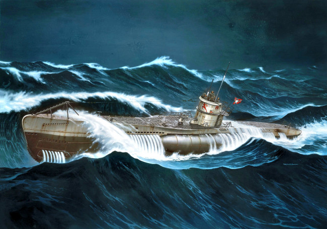 Обои картинки фото корабли, рисованные, u-boot, type, viic, erich, topp, wwii, german, submarine, волны, шторм, u-552