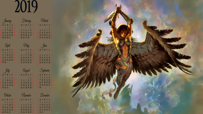 Обои картинки фото календари, фэнтези, 2019, существо, крылья, оружие, calendar
