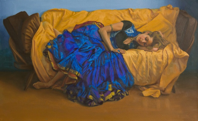 Обои картинки фото рисованное, живопись, девушка, фон, диван, сон, платье