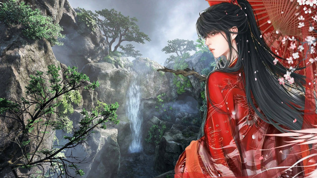 Обои картинки фото аниме, mo dao zu shi, вэй, усянь, зонт, водопад, горы