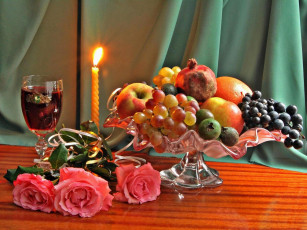 обоя еда, фрукты,  ягоды, розы, вино, свеча, гранат, виноград, яблоки