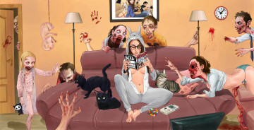Картинка рисованное комиксы девушка фон журнал диван зомби кот