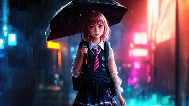 Обои картинки фото рисованное, люди, девочка, зонт, форма, дождь