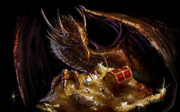 Картинка фэнтези драконы золото сокровища сундук