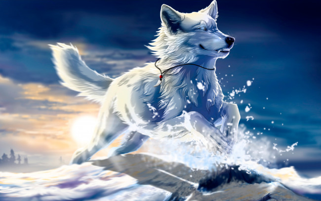 Обои картинки фото рисованные, животные, волки, волк, белый, снег, прыжок, клык, закат, солнце